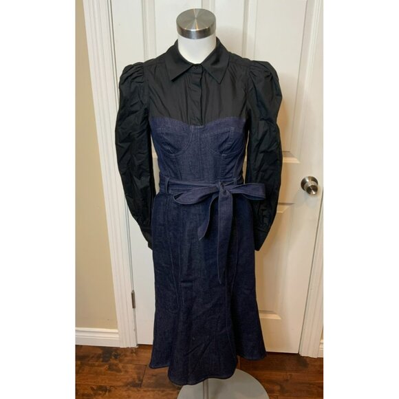 Marchesa Rosa Dark Wash Denim Layered Black Combo Collared Pencil Dress, Size 0 - Picture 2 of 8